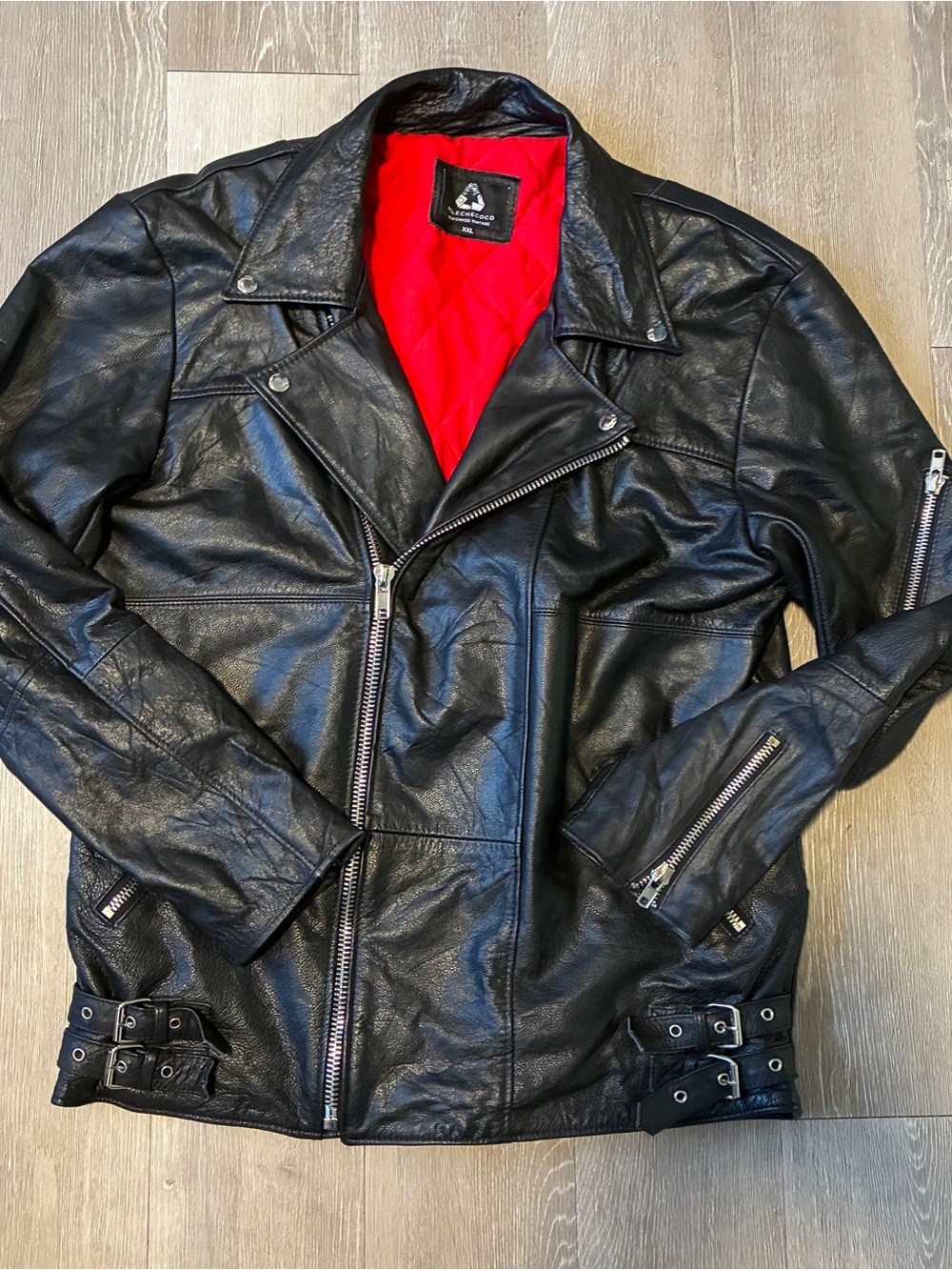 Men's Black Faux Leather Bomber Jacket with Red Lining